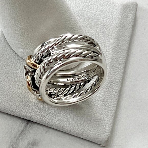 David Yurman Buckle Crossover Ring Sterling Silver & 18K Yellow Gold Size 7US - Picture 6 of 6